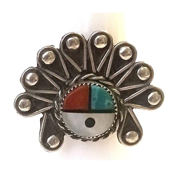 Native American Sterling Zuni Sun Face multi Stone Ring Sz 7 (1561) - Picture 2 of 5